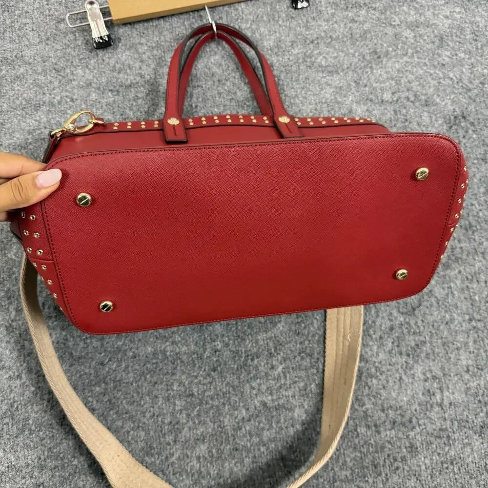 Henri Bendel West 57th Saffiano Leather Crossbody Satchel Bag in Red Studded